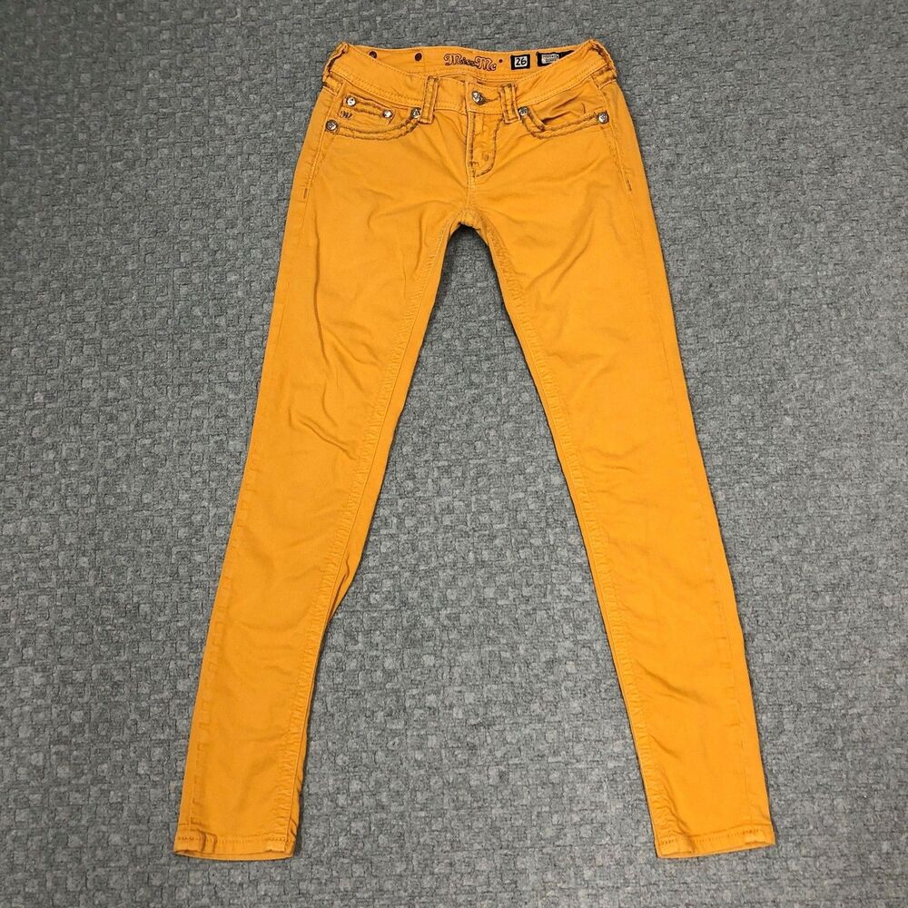 Miss Me Skinny Jeans Womens 26 Mustard Yellow Low Rise Rhinestone Pockets Day